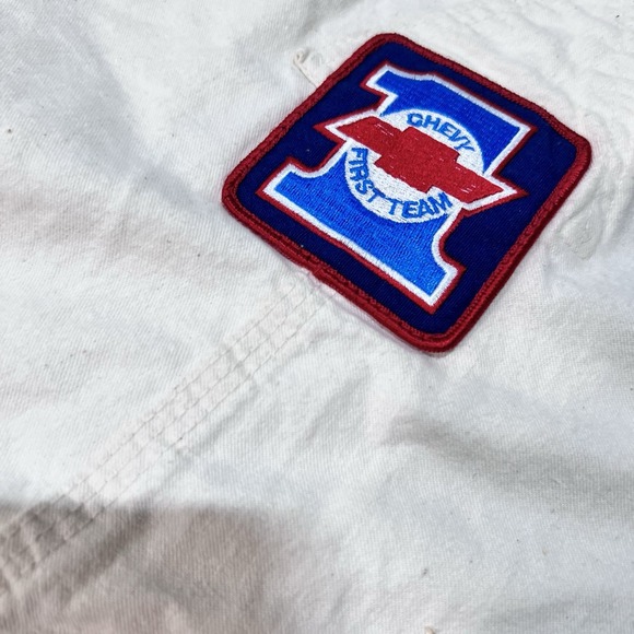 Vintage  Wrangler Bib Overalls 42 x 32 Cream 90s Chevy‎ NASCAR Daytona Patches - Picture 15 of 16